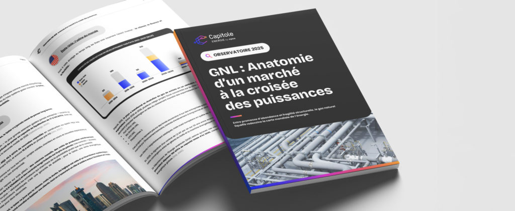 Deux rapports ouverts ; la couverture indique "GNL : Anatomie d'un marché à la croisée des puissances" au-dessus des tuyaux industriels, tandis qu'à l'intérieur, des graphiques et un article mettent en lumière l'énergie et le calendrier 2026.